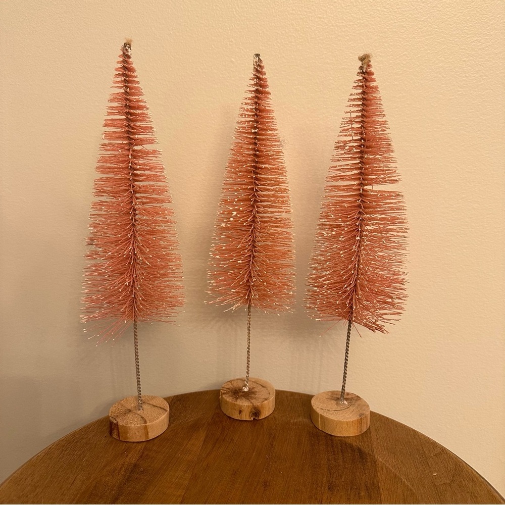 Bottle Brush Pink Trees Christmas Set Of 2 Decorative Snowy 12.5 Inch Tall Wood